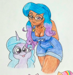 Size: 1920x1980 | Tagged: safe, artist:jackudoggy, imported from derpibooru, izzy moonbow, human, pony, unicorn, breasts, busty izzy moonbow, dark skin, g5, glasses, high res, humanized, my little pony: tell your tale, self paradox, self ponidox, tongue out, traditional art