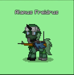 Size: 832x847 | Tagged: safe, imported from derpibooru, oc, oc only, oc:alamus freidrus, changeling, pony, assault rifle, changeling oc, clothes, crystal curtain: world aflame, gas mask, gun, helmet, insidiic changeling, m16, mask, military uniform, rifle, uniform, weapon