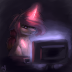 Size: 2448x2450 | Tagged: safe, artist:prettyshinegp, imported from derpibooru, oc, oc only, pony, unicorn, bust, computer, female, glowing, glowing horn, horn, mare, solo, unicorn oc