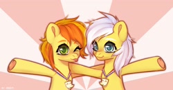 Size: 2883x1514 | Tagged: safe, artist:shelti, imported from derpibooru, peachy pie, sunny daze, earth pony, pony, :p, abstract background, bust, colored pupils, duo, duo female, female, hoof heart, hooves out, jewelry, necklace, one eye closed, outstretched hoof, smiling, tongue out, underhoof, wink