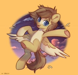 Size: 2088x2000 | Tagged: safe, artist:shelti, imported from derpibooru, oc, oc only, pegasus, pony, blaze (coat marking), cloud, coat markings, colored pupils, commission, countershading, cute, facial markings, flying, happy, hoof heart, looking at you, male, open mouth, outdoors, simple background, sky, solo, spread wings, stallion, underhoof, wings, yellow background