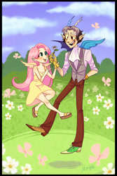 Size: 2000x3000 | Tagged: safe, artist:misskali, imported from derpibooru, discord, fluttershy, butterfly, human, clothes, discoshy, dress, duo, female, floating, flower, gloves, high res, horn, horned humanization, humanized, male, outdoors, sandals, shipping, shoes, smiling, straight, vest, winged humanization, wings