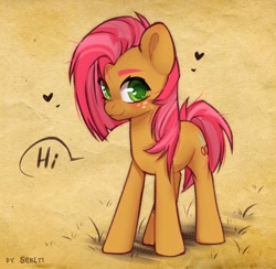 Size: 1470x1432 | Tagged: safe, artist:shelti, imported from derpibooru, babs seed, earth pony, pony, blushing, colored eyebrows, colored pupils, dirt, ear blush, female, floating heart, freckles, grass, heart, heart eyes, hi, looking at you, mare, older, outdoors, solo, speech bubble, standing, talking to viewer, wingding eyes