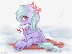Size: 2000x1500 | Tagged: safe, artist:shelti, imported from derpibooru, flitter, pegasus, pony, bow, candy, candy cane, colored pupils, cute, female, flitterbetes, food, hoof hold, looking at you, looking back, looking back at you, mare, outdoors, sitting, smiling, snow, solo, spread wings, wings