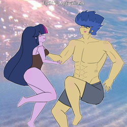 Size: 1242x1241 | Tagged: safe, artist:egtwiflash, imported from derpibooru, flash sentry, twilight sparkle, human, equestria girls, breasts, clothes, female, flashlight, male, ocean, shipping, straight, swimming, swimsuit, underwater, water