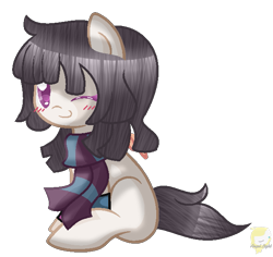 Size: 625x589 | Tagged: safe, artist:angellightyt, imported from derpibooru, oc, oc only, earth pony, pony, base used, blushing, clothes, earth pony oc, eyelashes, female, mare, one eye closed, scarf, simple background, sitting, solo, transparent background, wink