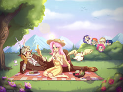 Size: 4000x3000 | Tagged: safe, artist:misskali, imported from derpibooru, applejack, discord, fluttershy, pinkie pie, rainbow dash, rarity, twilight sparkle, human, 2020, barefoot, clothes, discoshy, dress, elf ears, feet, female, food, fruit, gloves, hat, hiding in bushes, high res, horn, horned humanization, humanized, male, mane six, mountain, outdoors, picnic blanket, rarity being rarity, sandwich, shipping, shoes, spying, straight, suit, teapot, tree, winged humanization, winged teapot, wings