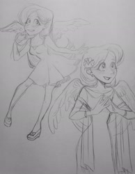 Size: 1588x2048 | Tagged: safe, artist:misskali, imported from derpibooru, fluttershy, human, 2022, clothes, dress, female, flower, flower in hair, humanized, monochrome, sketch, traditional art, winged humanization, wings