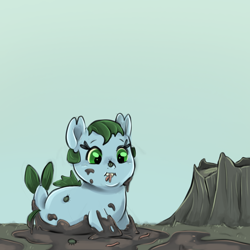 Size: 1280x1280 | Tagged: safe, artist:smirk, imported from derpibooru, oc, oc only, oc:bitey, beetle, insect, kelpie, worm, foal, mud, solo, tree stump