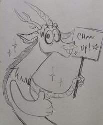 Size: 1688x2048 | Tagged: safe, artist:misskali, imported from derpibooru, discord, draconequus, 2023, male, monochrome, pencil drawing, positive message, sign, smiling, solo, sparkles, thumbs up, traditional art