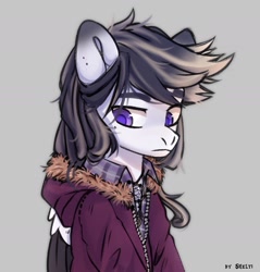 Size: 1905x1991 | Tagged: safe, artist:shelti, imported from derpibooru, oc, oc only, pegasus, pony, clothes, colored pupils, commission, folded wings, frown, gradient ears, gray background, jacket, jewelry, long sleeves, looking back, male, necklace, shirt, simple background, solo, stallion, undershirt, wings
