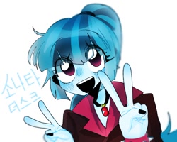Size: 1000x801 | Tagged: safe, artist:jjoby_0525, imported from derpibooru, sonata dusk, human, equestria girls, :d, double peace sign, female, hangul, open mouth, open smile, peace sign, smiling, solo