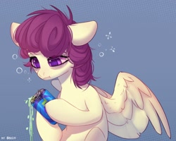 Size: 2500x2000 | Tagged: safe, artist:shelti, imported from derpibooru, oc, oc only, pegasus, pony, bags under eyes, blue background, bust, can, colored pupils, commission, drink, dripping, female, frown, hoof hold, mare, partially open wings, simple background, sitting, solo, spilling, tired, wings