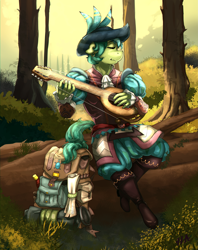 Size: 2769x3500 | Tagged: safe, alternate version, artist:mazinga669, imported from ponybooru, sandbar, anthro, earth pony, plantigrade anthro, pony, series:saga of sandbard, backpack, bard, boots, commission, cute, eyes closed, fantasy, fantasy class, feathered hat, forest, forest background, fully shaded, hat, implied gallus, lute, male, medieval, minstrel, musical instrument, pantaloons, puffy sleeves, ruffles, shoes, sitting on a tree, solo, stupid sexy sandbar, vambrace