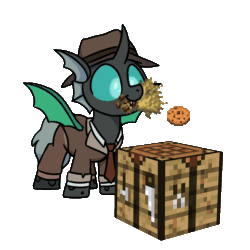 Size: 1000x1000 | Tagged: safe, artist:sugar morning, imported from derpibooru, oc, oc only, oc:closed case, changeling, animated, changeling oc, clothes, commission, cookie, food, gif, green changeling, green wings, hat, male, minecraft, mouth hold, necktie, simple background, solo, sugar morning's miners, suit, transparent background, wings, ych result
