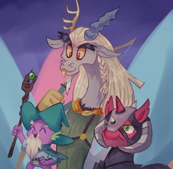 Size: 1216x1189 | Tagged: safe, artist:plusplus_pony, imported from derpibooru, big macintosh, discord, spike, draconequus, dragon, earth pony, pony, unicorn, armor, captain wuzz, clothes, costume, garbuncle, mage, male, race swap, roleplaying, sir mcbiggen, stallion, unicorn big mac