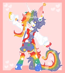 Size: 1837x2048 | Tagged: safe, artist:moonydropps, imported from derpibooru, semi-anthro, unicorn, clothes, ears, ears up, hair, horn, mane, open mouth, open smile, smiling, socks, solo, starry eyes, tail, wingding eyes