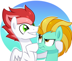 Size: 971x823 | Tagged: artist needed, safe, imported from derpibooru, lightning dust, oc, oc:swift apex, pegasus, pony, boop, simple background, smiling, unamused
