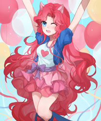 Size: 1000x1200 | Tagged: safe, artist:lansu_6, imported from derpibooru, pinkie pie, human, alternate hairstyle, balloon, humanized, light skin, looking at you, one eye closed, ponied up, solo, streamers, wink, winking at you