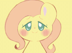 Size: 800x596 | Tagged: safe, artist:typhwosion, imported from derpibooru, fluttershy, pegasus, pony, animated, blushing, cute, eyes closed, gif, kissing, looking at you, looking away, shyabetes, simple background, solo, yellow background