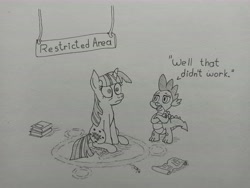 Size: 9248x6936 | Tagged: safe, artist:anxiouspon, imported from derpibooru, spike, twilight sparkle, fanfic:hard reset, fanfic art, thousand yard stare, traditional art