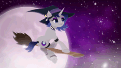 Size: 640x360 | Tagged: safe, artist:rumista, imported from derpibooru, oc, oc only, oc:moonlit silver, pony, unicorn, animated, arm band, beautiful, body markings, bow, broom, butt, choker, clothes, cloud, ear piercing, eyeshadow, female, fishnets, flowing mane, flowing tail, flying, flying broomstick, gif, goth, gothic, gradient mane, gradient tail, halloween, hat, high res, holiday, horn, makeup, moon, night, nightmare night, piercing, plot, pony oc, smiling, socks, solo, sparkles, spiked choker, stars, tail, thigh highs, unicorn oc, witch, witch hat