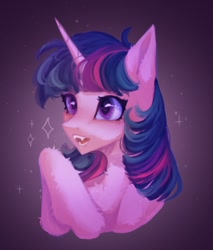 Size: 856x1004 | Tagged: safe, artist:muna, imported from derpibooru, twilight sparkle, pony, unicorn, cute, cute little fangs, fangs, female, gradient background, mare, open mouth, solo, unicorn twilight