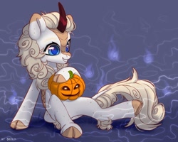 Size: 2500x2000 | Tagged: safe, artist:shelti, imported from derpibooru, oc, oc only, kirin, art trade, cloven hooves, colored pupils, female, grin, halloween, holiday, horn, jack-o-lantern, kirin horn, leg fluff, leonine tail, pumpkin, scales, sitting, smiling, solo, tail