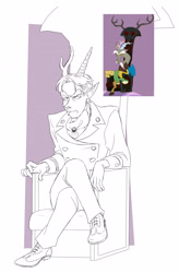 Size: 2592x3960 | Tagged: safe, artist:misskali, imported from derpibooru, discord, human, the return of harmony, clothes, elf ears, frown, horn, horned humanization, humanized, male, monochrome, scene interpretation, screencap reference, solo, suit, throne