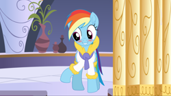 Size: 1669x935 | Tagged: safe, imported from derpibooru, rainbow dash, pegasus, pony, blushing, clothes, female, robe, solo, spa