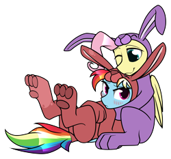 Size: 5900x5500 | Tagged: safe, artist:dacaoo, imported from derpibooru, fluttershy, rainbow dash, pegasus, pony, animal costume, blushing, bunny costume, bunny ears, clothes, costume, cute, dashabetes, duo, duo female, female, flutterdash, lesbian, one eye closed, paw pads, shipping, shyabetes, simple background, transparent background, wings