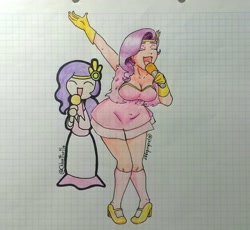 Size: 1942x1788 | Tagged: safe, artist:chloetheturtle1, artist:jackudoggy, imported from derpibooru, pipp petals, human, belly button, breasts, busty pipp petals, cartoon, clothes, collaboration, dress, g5, graph paper, human pipp petals, humanized, light skin, microphone, plump, singing, traditional art, wide hips