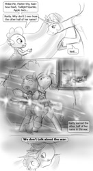 Size: 600x1100 | Tagged: safe, artist:alloyrabbit, imported from derpibooru, princess celestia, rarity, spike, assault rifle, bullet, explosion, grayscale, gun, gunfire, menacing, monochrome, overwatch, pinpoint eyes, questioning, raised hoof, rifle, scared, talking, tank (vehicle), tracer, war, weapon