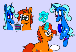 Size: 1316x900 | Tagged: safe, artist:msponies, imported from derpibooru, sunburst, trixie, pony, unicorn, bandaid, coat markings, duo, duo male and female, estrogen, female, friendshipping, g4, glasses, glowing, glowing horn, horn, levitation, lidded eyes, looking at each other, looking at someone, looking down, magic, magic aura, male, mare, ms paint, ponytail, pride, pride flag, raised hoof, shipping, simple background, smiling, socks (coat markings), stallion, straight, stubble, syringe, tail, telekinesis, trans female, trans male, trans trixie, transgender, transgender pride flag, trixburst