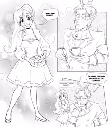 Size: 3048x3500 | Tagged: safe, artist:misskali, imported from derpibooru, discord, fluttershy, human, 2023, armband, breasts, clothes, comic, cookie, cup, cute, discoshy, dress, duo, elf ears, female, food, grayscale, heart, horn, horned humanization, humanized, male, monochrome, shipping, sketch, smiling, straight, suit, teacup