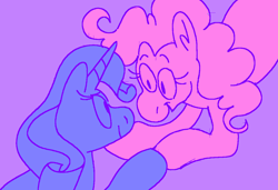 Size: 1316x900 | Tagged: safe, artist:msponies, imported from derpibooru, pinkie pie, rarity, earth pony, pony, unicorn, duo, duo female, female, g4, holding hooves, lesbian, limited palette, looking at each other, looking at someone, mare, ms paint, purple background, raripie, requested art, shipping, simple background, smiling