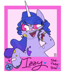 Size: 909x1038 | Tagged: safe, artist:orionofthestars, imported from derpibooru, izzy moonbow, pony, unicorn, bandaid, bracelet, cute, female, g5, horn, izzybetes, jewelry, mare, open mouth, signature, solo