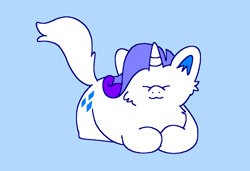 Size: 1316x900 | Tagged: safe, artist:msponies, imported from derpibooru, rarity, cat, unicorn, :3, blue background, catified, cheek fluff, eyes closed, female, g4, ms paint, raricat, requested art, simple background, solo, species swap, tail