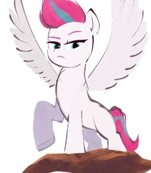 Size: 619x711 | Tagged: safe, artist:aceslingerexo, imported from derpibooru, zipp storm, pegasus, pony, eyebrows, female, frown, g5, looking at you, mare, my little pony: a new generation, raised hoof, rock, scene interpretation, simple background, solo, spread wings, white background, wings, wip