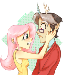 Size: 1280x1509 | Tagged: safe, artist:misskali, imported from derpibooru, discord, fluttershy, human, discordant harmony, clothes, discoshy, duo, elf ears, female, glasses, hand on face, horn, horned humanization, humanized, male, scene interpretation, shipping, straight, sweater