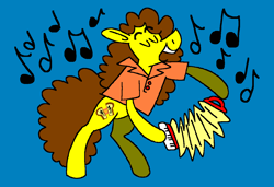 Size: 1316x900 | Tagged: safe, artist:msponies, imported from derpibooru, cheese sandwich, earth pony, pony, accordion, bipedal, blue background, clothes, cute, diacheeses, eyes closed, male, ms paint, music, music notes, musical instrument, open mouth, open smile, playing instrument, requested art, shirt, simple background, smiling, solo, stallion, weird al yankovic