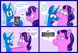 Size: 1316x900 | Tagged: safe, artist:msponies, imported from derpibooru, starlight glimmer, trixie, pony, unicorn, 4 panel comic, comic, confused, dialogue, eyebrows, female, flirting, g4, hoof hold, lesbian, lidded eyes, mare, movie, ms paint, open mouth, open smile, raised eyebrow, shipping, smiling, speech bubble, startrix, the adventures of sharkboy and lavagirl in 3-d
