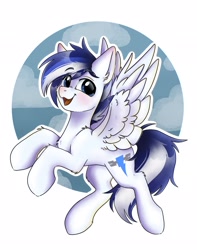 Size: 1617x2048 | Tagged: safe, artist:madkadd, imported from derpibooru, oc, oc only, oc:danger above, pegasus, pony, :3, looking at you, male, open mouth, simple background, smiling, smiling at you, solo, spread wings, stallion, white background, wings