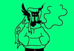 Size: 1316x900 | Tagged: safe, artist:msponies, imported from derpibooru, queen chrysalis, anthro, changeling, changeling queen, cigarette, clothes, female, green background, hand in pocket, hoodie, horn, lidded eyes, monochrome, ms paint, simple background, smoke, smoking, solo