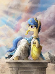 Size: 2400x3224 | Tagged: safe, artist:magfen, imported from derpibooru, oc, oc only, pony, unicorn, broken horn, clothes, cloud, crepuscular rays, female, horn, laurel wreath, mare, mountain, pose, raised hoof, robe, shield, sky, solo, statue