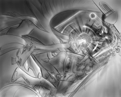 Size: 997x796 | Tagged: safe, artist:alloyrabbit, imported from derpibooru, nightmare moon, princess celestia, alicorn, pony, armor, awesome, beam struggle, blast, canterlot castle, cool, destruction, eclipse, explosion, giant pony, glowing, glowing horn, grayscale, hoof shoes, horn, lunar eclipse, macro, macro/micro, magic, magic beam, magic blast, micro, monochrome, spread wings, wings