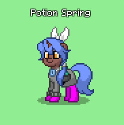 Size: 823x830 | Tagged: safe, imported from derpibooru, oc, oc only, oc:potion spring, pony, unicorn, pony town, bag, clothes, horn, jewelry, necklace, ponytail, potion, saddle bag, socks, sweater, unicorn oc