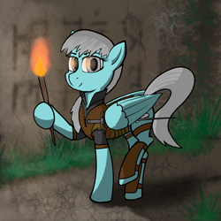 Size: 4096x4096 | Tagged: safe, artist:sprontr, imported from derpibooru, oc, oc:silver lining, pegasus, pony, armor, fantasy class, female, fire, mare, plants, rogue, ruins, solo, sword, torch, weapon