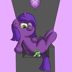 Size: 894x894 | Tagged: artist needed, safe, imported from derpibooru, oc, oc only, oc:princess sharp, alicorn, pony, unicorn, alicorn oc, butt crush, butt squish, crying, duo, evil, female, folded wings, gem, green coat, horn, looking down, mare, purple background, purple coat, simple background, sitting, sitting on person, sitting on pony, smug smile, throne, unicorn oc, wings, yellow eyes