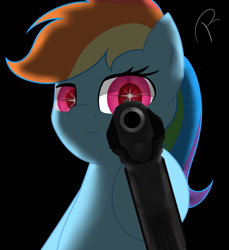 Size: 1080x1180 | Tagged: safe, artist:reinbou, imported from derpibooru, rainbow dash, pegasus, pony, black background, gun, handgun, looking at you, pistol, simple background, solo, stars, weapon